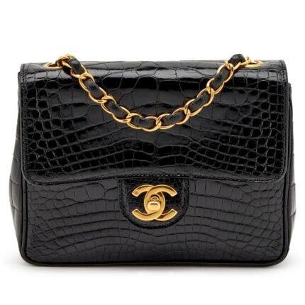 Black Alligator Mini Square Classic Flap Gold Hardware, 1996-1997